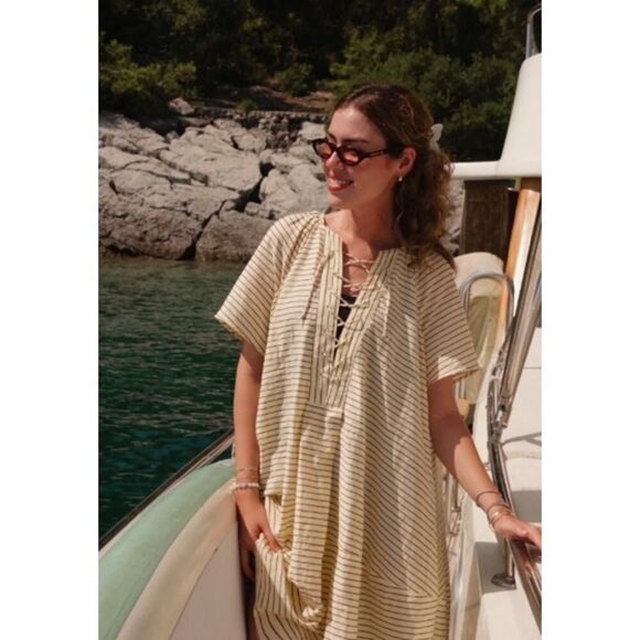 Zara ZW Collection Kaftan Tunic Maxi Dress in Butter Yellow Stripe NWT Sz. S - Picture 2 of 9